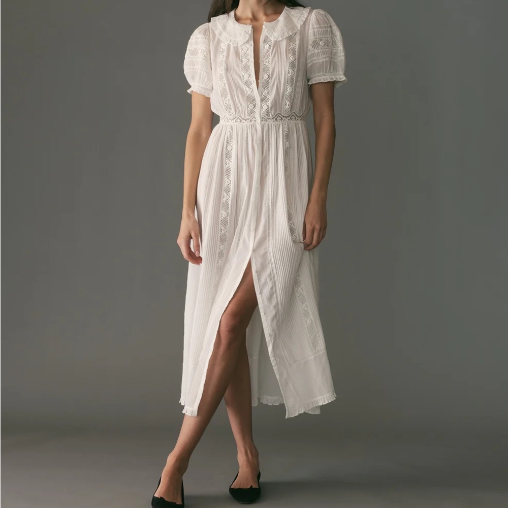 White Lace-Trim Puff Sleeve Dress - Picture 2 of 12